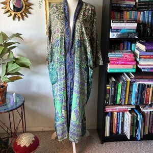 No brand one size Kimono Cardigan Green & Blue Paisley print Long maxi style